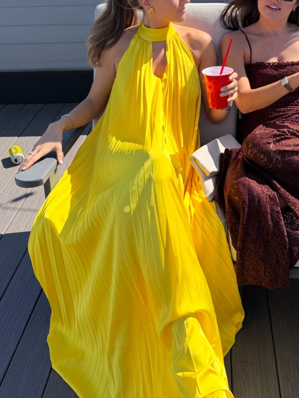 Yellow Halter Pleated Maxi Dress